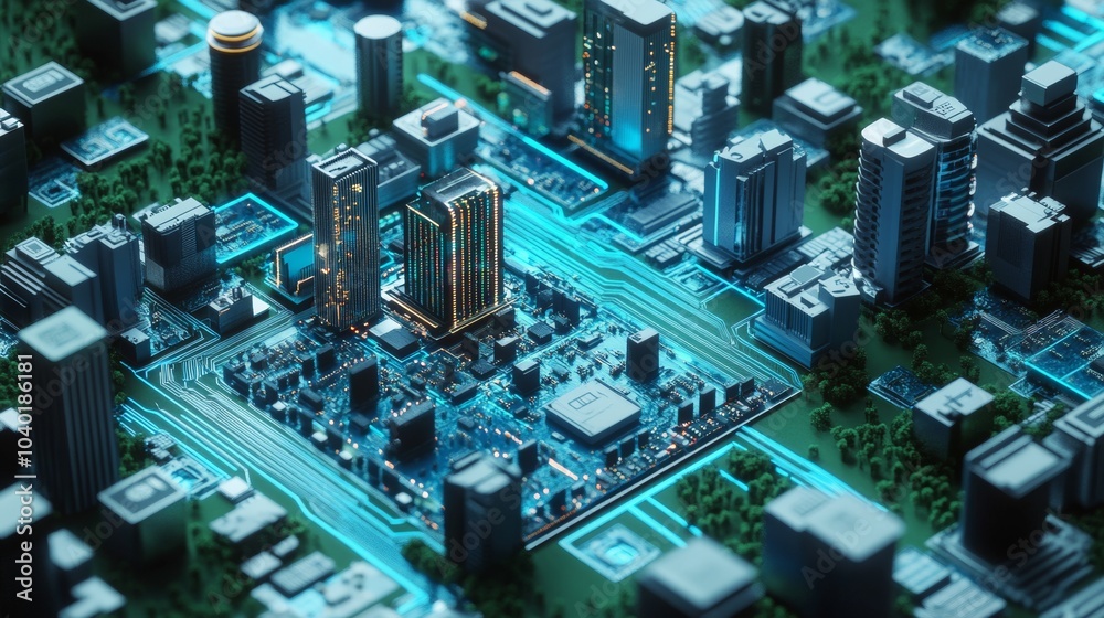 Poster Isometric Smart City. IoT-Driven Management with Microchip Integration