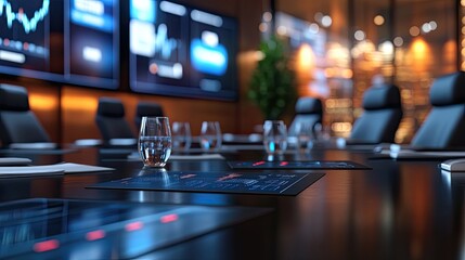 Modern Boardroom with Digital Displays and Glasses
