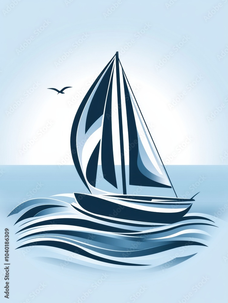 Poster a stylish sailboat navigates serene waters with gentle waves rolling beneath its hull, capturing a p