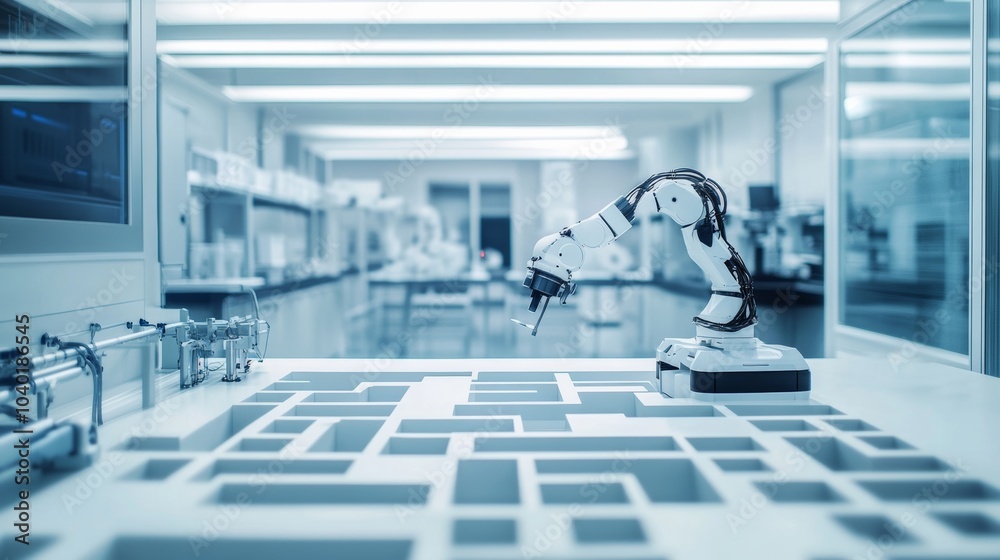 Poster A robot navigating a complex maze in a high-tech robotics research lab, clean and innovative research environment, Research-tech style