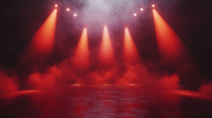 Spotlit Red Stage. Warm Lights and Smoke for Event Presentation