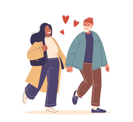 Joyful Chubby Couple Holding Hands And Walking Together While Smiling With Hearts Floating Above Their Heads