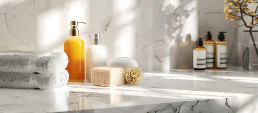A white marble table displays loofah sponges towels soap and cosmetics providing ample copy space image