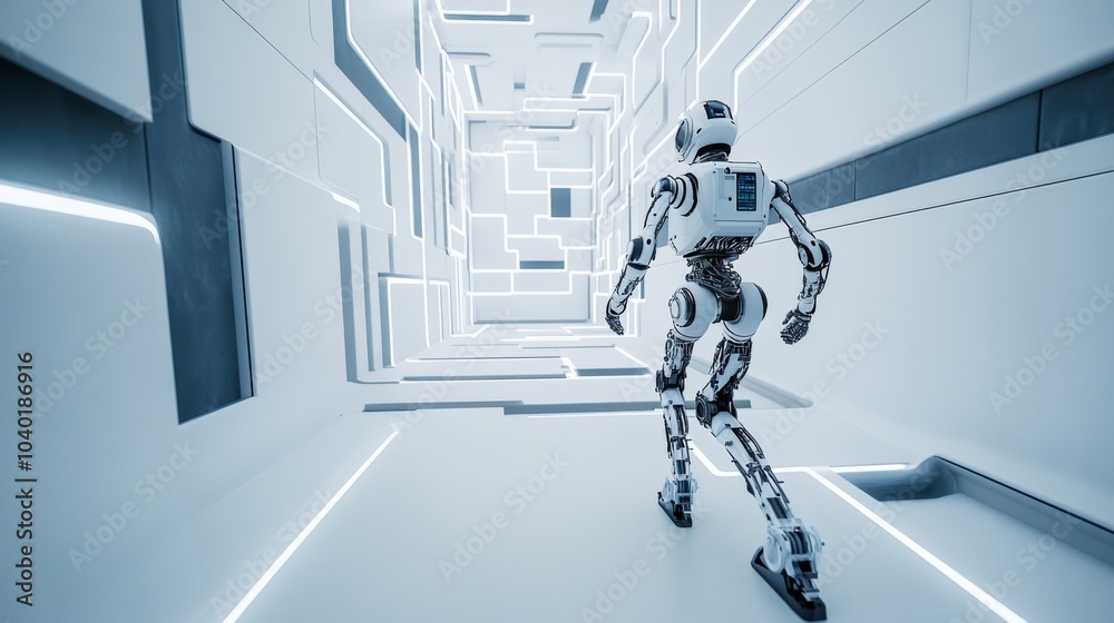 Poster a robot navigating a complex maze of high-tech sensors in a futuristic robotics testing facility, cl