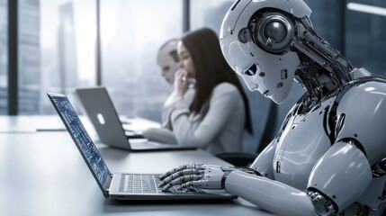 Robot working on laptop in office with female employee on the side, fearing that she will lose her job. Artificial intelligence replacing humans, impact of AI technology at work, modern social issue