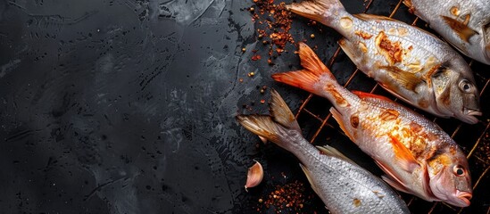 Top view of grilled sea red perch fillet and Snapper fish on a rack against a black background in a striking copy space image