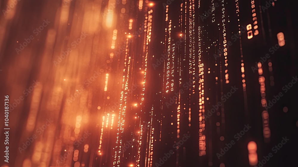 Poster Digital matrix background with flowing binary code and AI symbols, offering space for copy