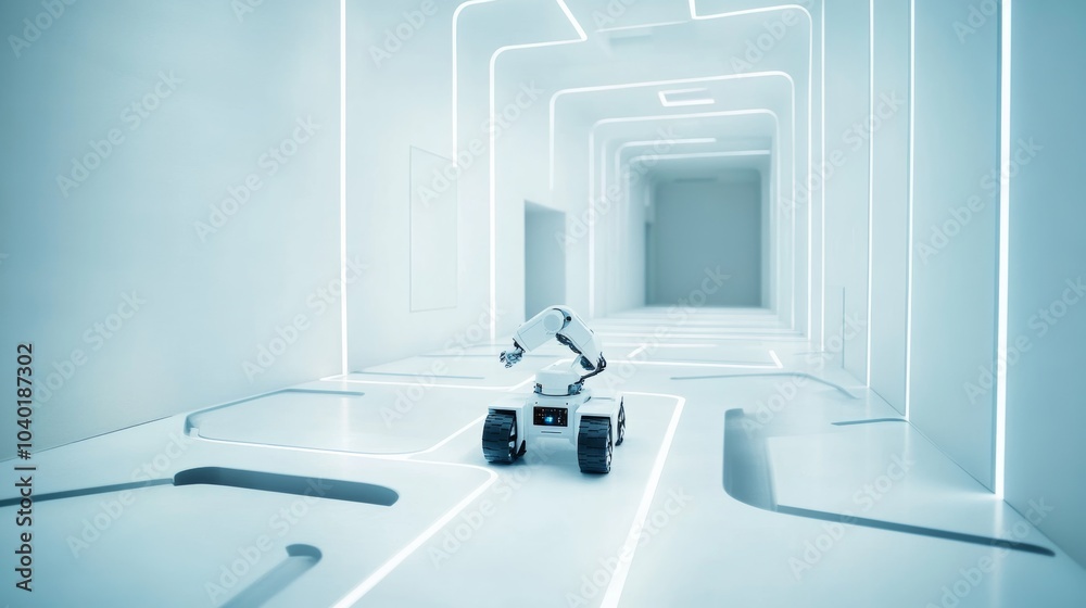 Poster a robot navigating a complex maze of high-tech sensors in a futuristic robotics testing facility, cl