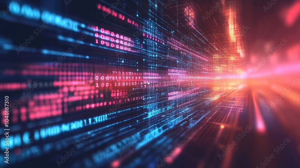 Poster Digital matrix background with flowing binary code and AI symbols, offering space for copy