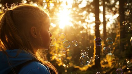 Close-up of a person blowing bubbles in the forest, with sunlight streaming through the trees and reflecting on the bubbles' surfaces --chaos