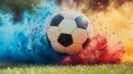 Fototapeta premium A dynamic soccer ball bursting through vibrant colors, symbolizing energy and excitement in the world of sports.