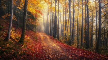Fototapeta premium A winding path through a misty autumn forest with colorful leaves on the ground.