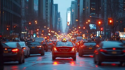 Obraz premium A Vibrant City Street at Dusk: Capturing the Energy of Urban Life