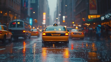 Rainy City Street: A Bustling Metropolis Under a Gray Sky