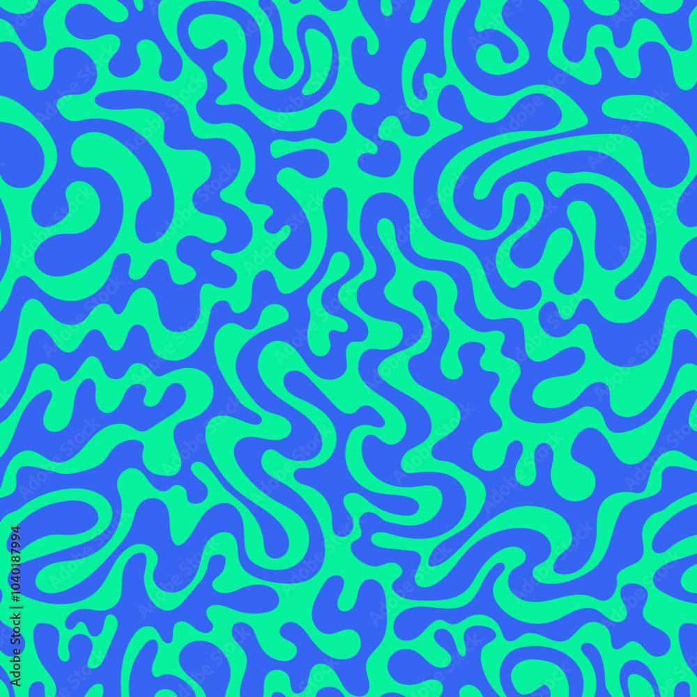 Poster Abstract background pattern with colorful waves. Psychedelic groovy trippy y2k retro seamless pattern in blue and green colors. Wavy and swirled brush strokes liquid background for packaging design