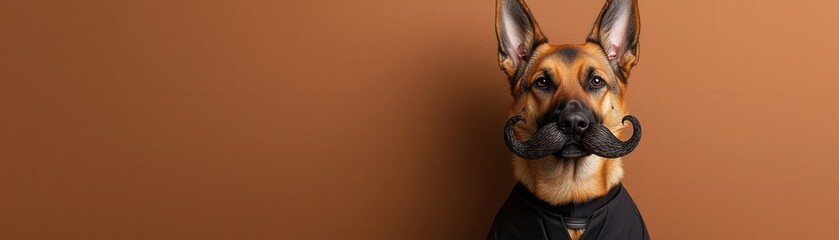 Obraz premium November dog with mustache prop concept. A stylish German Shepherd poses against a warm brown background sporting a playful mustache and a black shirt exuding charm and personality