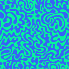 Abstract background pattern with colorful waves. Psychedelic groovy trippy y2k retro seamless pattern in blue and green colors. Wavy and swirled brush strokes liquid background for packaging design