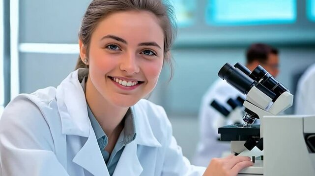 Smiling young female scientist working with microscope in laboratory. Young researcher analyzing samples through microscope in lab.
