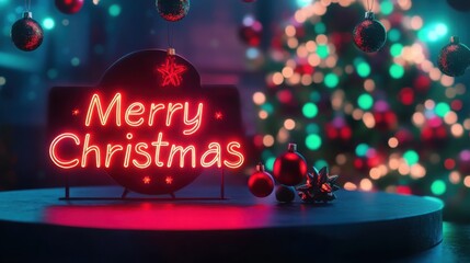 A festive podium with neon red and green "Merry Christmas" text and Christmas tree ornaments hanging around.