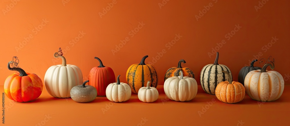 Canvas Prints various pumpkins displayed against an orange backdrop in a copy space image
