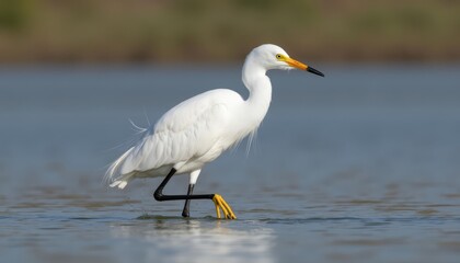  Elegance in motion  A white heron gracefully strides through the water