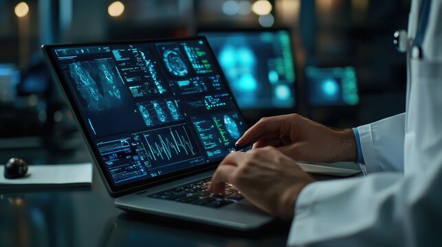 Doctor using laptop, modern healthcare technology, digital medical solutions 