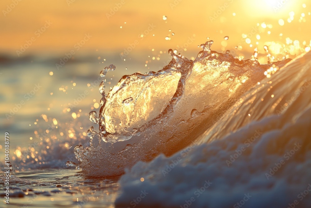 Poster a stunning capture of a sunlit wave crest shimmering with sparkling water droplets, showcasing the b