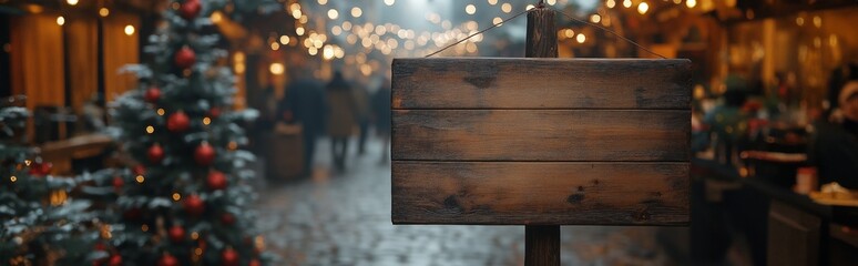 A blank wooden sign with warm Christmas lights and a decorated tree in the background
