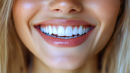 Fototapeta premium Close-up shot of a cheerful woman’s smile showing perfect white teeth, highlighting dental health, beauty, and confidence