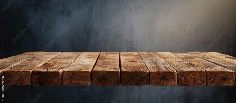 Poster foreground showcases an empty wooden table with a clipping path in the background for a copy space i