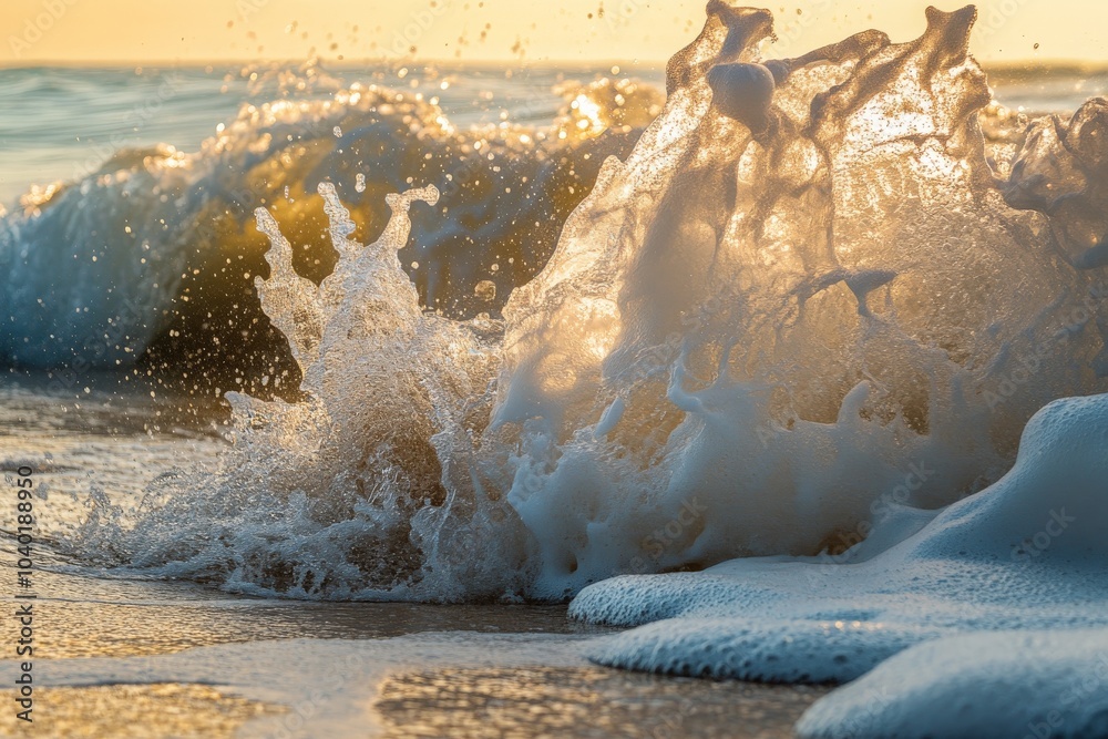 Poster golden light beautifully illuminating a large, crashing ocean wave, emphasizing the power and fluidi