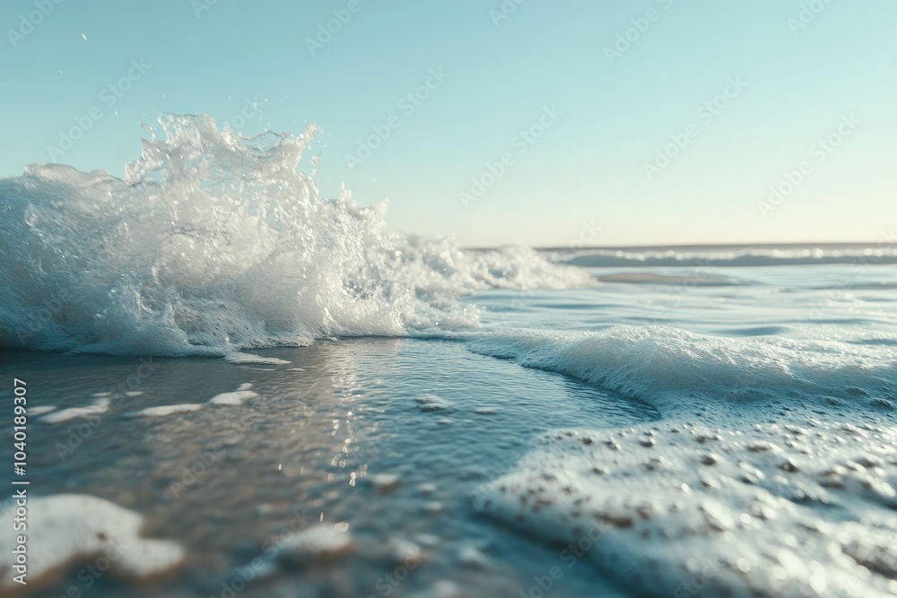 Poster a serene image of ocean waves gently crashing on the sandy shore under the soft light of sunrise, ca
