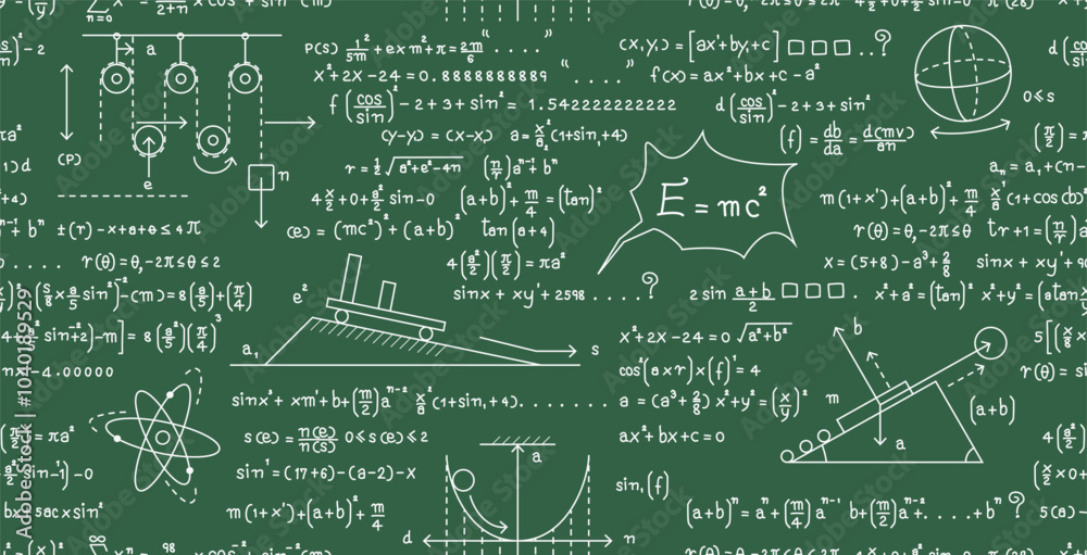 Wall mural seamless blackboard science principles calculation background formula.
