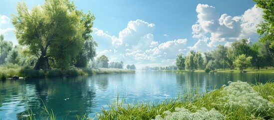 Scenic riverbank surrounded by lush greenery under a clear blue sky with fluffy clouds ideal for a copy space image