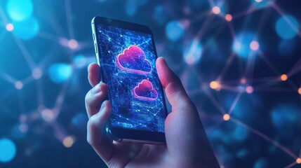 Secure Cloud Computing: Hand Holding a Smartphone with Holographic Cloud Icons, Depicting the Integration of Mobile Technology and Cloud Services with Blue Background - Generative AI