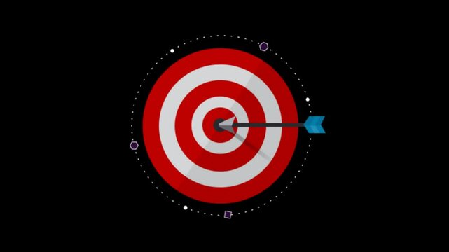 4k Animation of red dart arrow hitting in the target center of dartboard. Black transparent background and alpha channel