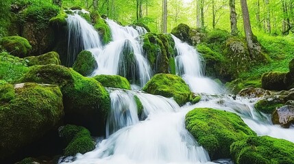 Fototapeta premium Cascading waterfall flows through a lush green forest with moss-covered rocks.