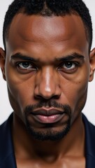 Obraz premium Close-up portrait of an African American man with striking blue eyes and an intense gaze