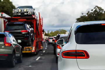 Break lights on cars stuck in traffic jam on highway