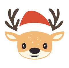 Cute reindeer wearing a red Santa hat with antlers depicted in a cheerful and festive style, perfect for holiday decorations or cards