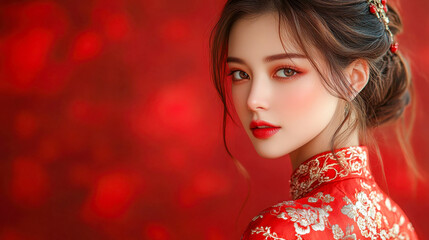 Fototapeta premium Side profile of an elegant woman in a traditional red Chinese dress, her hair adorned with delicate ornaments against a red background