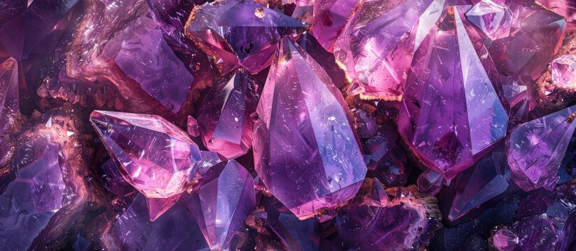 Purple amethyst crystals and other gem minerals in their natural setting showcasing the textures of various precious and semiprecious stones against a seamless backdrop with ample copy space image