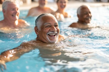 Happy Senior Man Swimming in a Pool