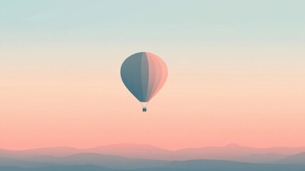 Fototapeta premium A minimalist hot air balloon drifts gently over tranquil mountain ranges, illuminated by the soft hues of dawn. Generative AI