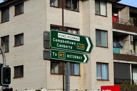 Signage at intersection with directions to Campbelltown and Canberra on A28 and to M5 Motorway