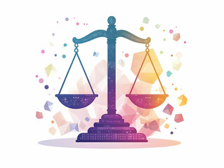 Flat Plain White Background Floating Holographic Digital Leadership Scales Concept Clean Vector Illustration Symbolizing Business Balance Responsibility Corporate Advertisements Banners Copy Space