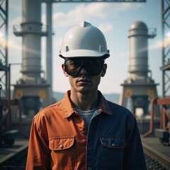 Worker in helmet against gritty industrial backdrop Double Exposure