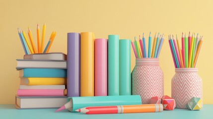 Stacked books, pencil jars, colored pencils in 3D isolated 