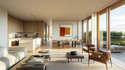 Living room with minimalist furniture, an abstract art piece on the wall, and soft natural light filtering in