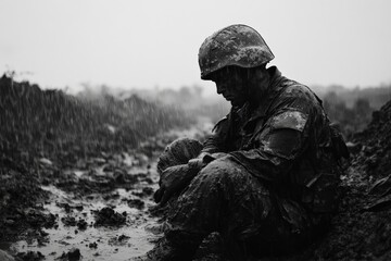 A soldier in heavy military gear sits in the rain, covered in mud, conveying a sense of contemplation and exhaustion during a challenging moment. - Powered by Adobe